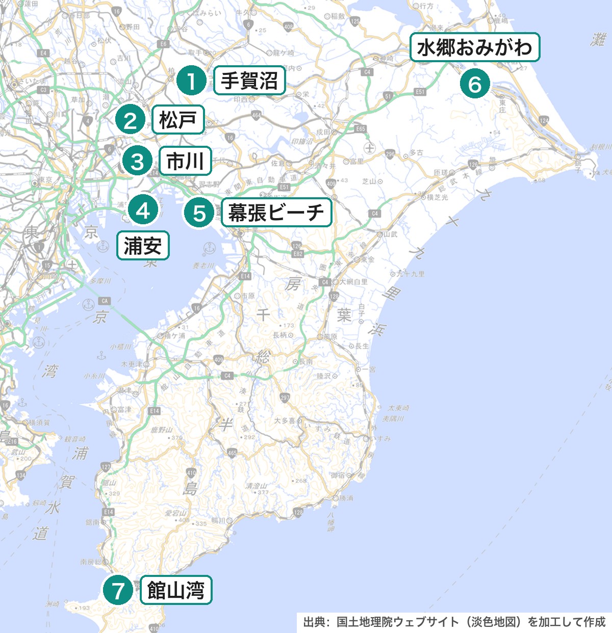 千葉県の主な花火大会の位置を示した地図（手賀沼・松戸・市川・浦安・幕張・水郷おみがわ・館山湾）