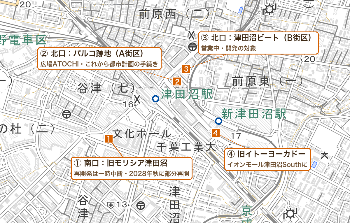 津田沼駅周辺の再開発の場所の地図